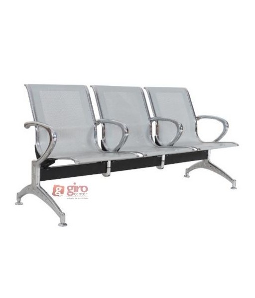 Longarina Aeroporto Charm 3 Lugares - Metálica Cromada - Com Braço Intermediário
